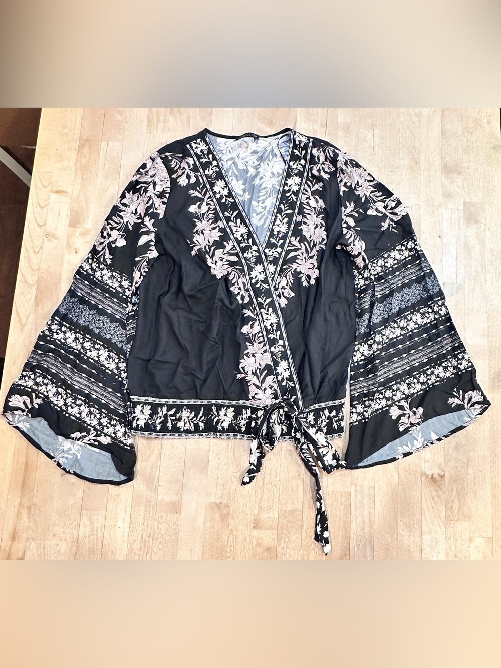 VENUS Black Floral Wrap Blouse with Pale Pink Accents